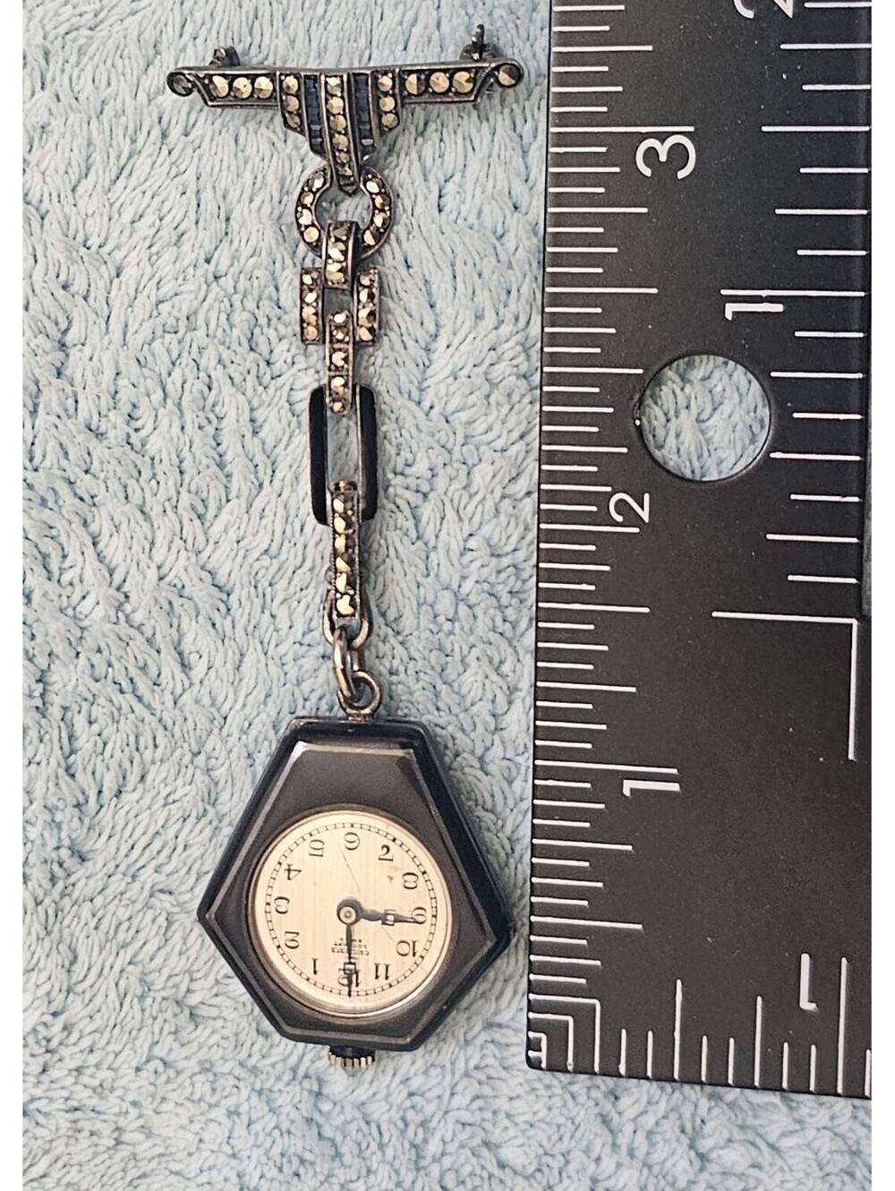 Vintage Hexagonal 1920s Art Deco C. Bucherer silver marcasite lapel watch READ